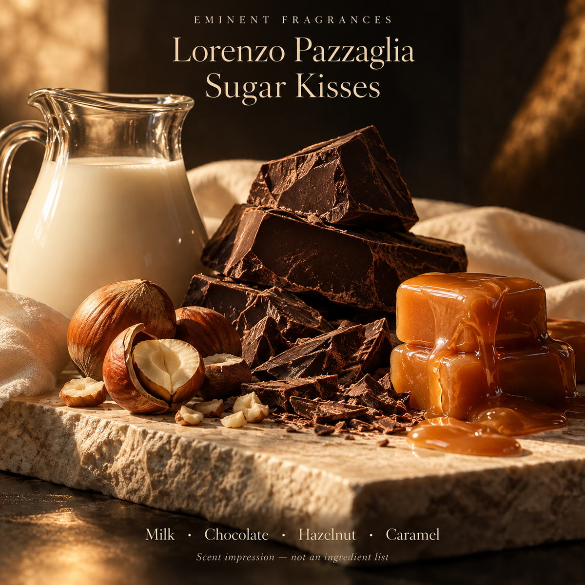 Lorenzo Pazzaglia Sugar Kisses Decant scent-note artwork: Top notes: Milk, Cocoa butter, Heliotrope, Orange, Frangipane, Vanilla | Heart notes: Cocoa flower, Tonka bean, Cream, Chocolate, Hazelnut, Dates | Base notes: Vanilla, Cane sugar, Benzoin, Musk, Caramel, Toffee, Rum. Artistic scent impression, not an ingredient list or items supplied.