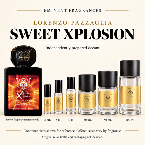 Lorenzo Pazzaglia Sweet Explosion source fragrance reference beside Eminent Fragrances six-container decant lineup. Independent decant; original retail bottle and packaging not included. Sizes shown for reference.