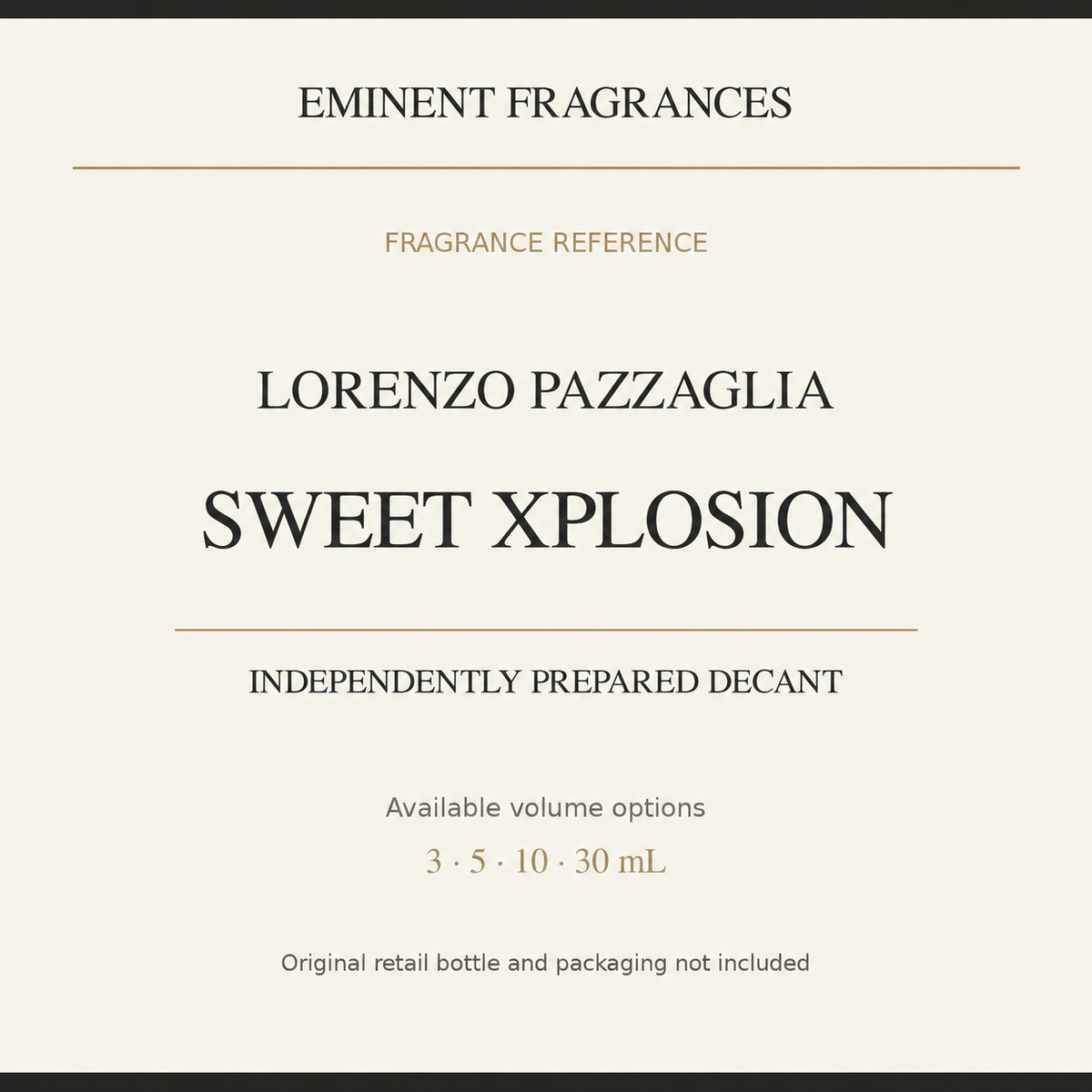 Lorenzo Pazzaglia Sweet Xplosion independently prepared decant fragrance reference card with available volume options.