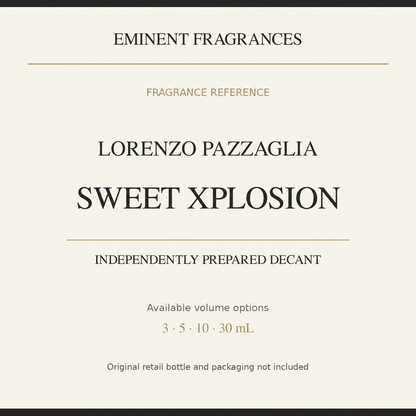 Lorenzo Pazzaglia Sweet Xplosion independently prepared decant fragrance reference card with available volume options.