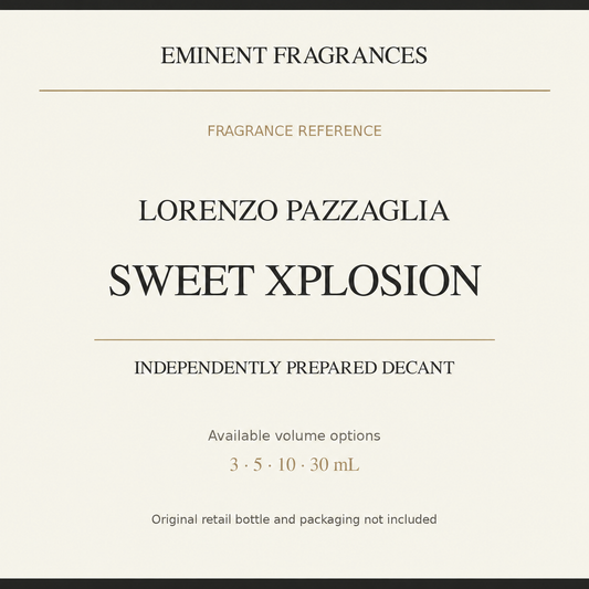Lorenzo Pazzaglia Sweet Xplosion independently prepared decant fragrance reference card with available volume options.