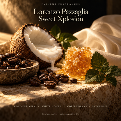 Lorenzo Pazzaglia Sweet Xplosion Decant scent-note artwork: Lime, Grapefruit, Coconut milk, White honey, Rose, Ylang-ylang, Davana, Coffee beans, Vanilla, Tonka bean, Patchouli, Benzoin, Musk. Artistic scent impression, not an ingredient list or items supplied.