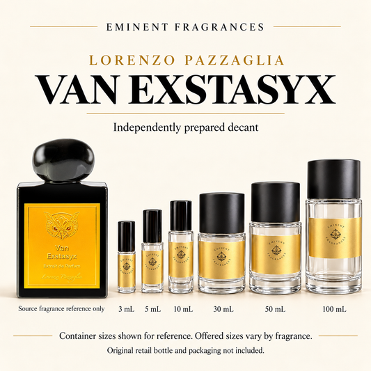 Lorenzo Pazzaglia Van Extasyx Decant source fragrance bottle beside Eminent Fragrances decant lineup. Independent decant; original retail bottle and packaging not included.