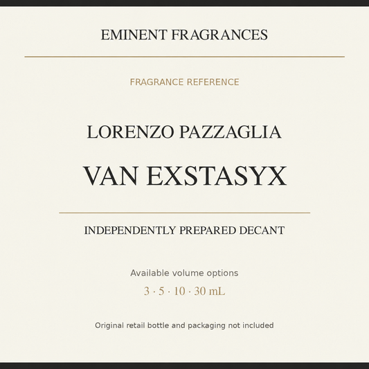 Lorenzo Pazzaglia Van Exstasyx independently prepared decant fragrance reference card with available volume options.