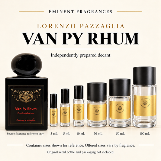 Lorenzo Pazzaglia Van Py Rum Decant source fragrance bottle beside Eminent Fragrances decant lineup. Independent decant; original retail bottle and packaging not included.