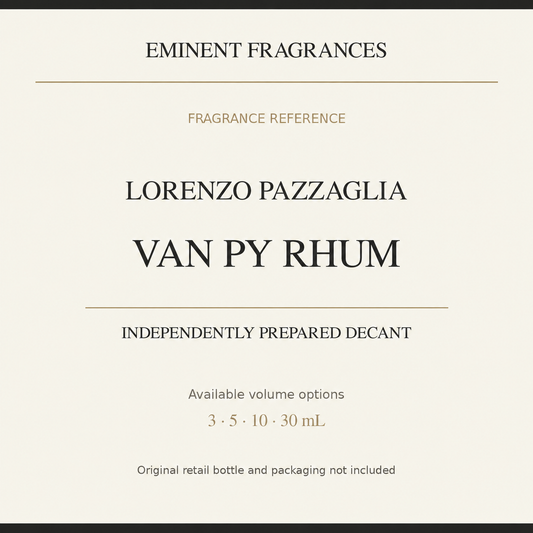 Lorenzo Pazzaglia Van Py Rhum independently prepared decant fragrance reference card with available volume options.