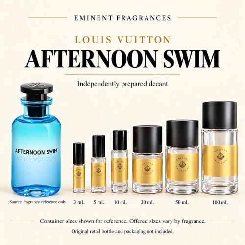 Louis Vuitton Afternoon Swim Decant source fragrance bottle beside Eminent Fragrances decant lineup. Independent decant; original retail bottle and packaging not included.
