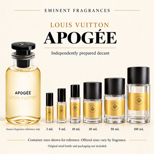 Louis Vuitton Apogee Decant source fragrance bottle beside Eminent Fragrances decant lineup. Independent decant; original retail bottle and packaging not included.