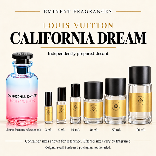 Louis Vuitton California Dream Decant source fragrance bottle beside Eminent Fragrances decant lineup. Independent decant; original retail bottle and packaging not included.