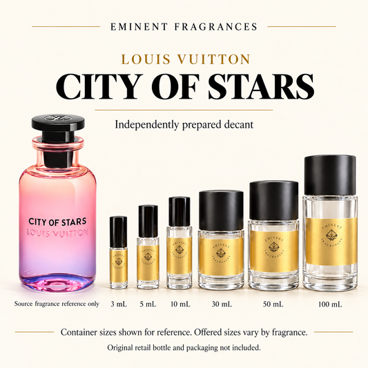 Louis Vuitton City of Stars Decant source fragrance bottle beside Eminent Fragrances decant lineup. Independent decant; original retail bottle and packaging not included.