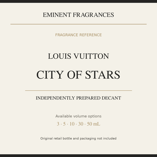 Louis Vuitton City of Stars — independently prepared Eminent Fragrances decant. Original retail bottle not included.