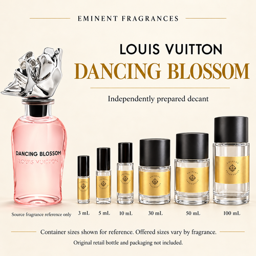 Louis Vuitton Dancing Blossom Decant source fragrance bottle beside Eminent Fragrances decant lineup. Independent decant; original retail bottle and packaging not included.