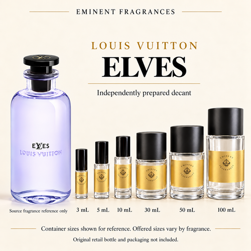 Louis Vuitton eLVes Decant source fragrance bottle beside Eminent Fragrances decant lineup. Independent decant; original retail bottle and packaging not included.