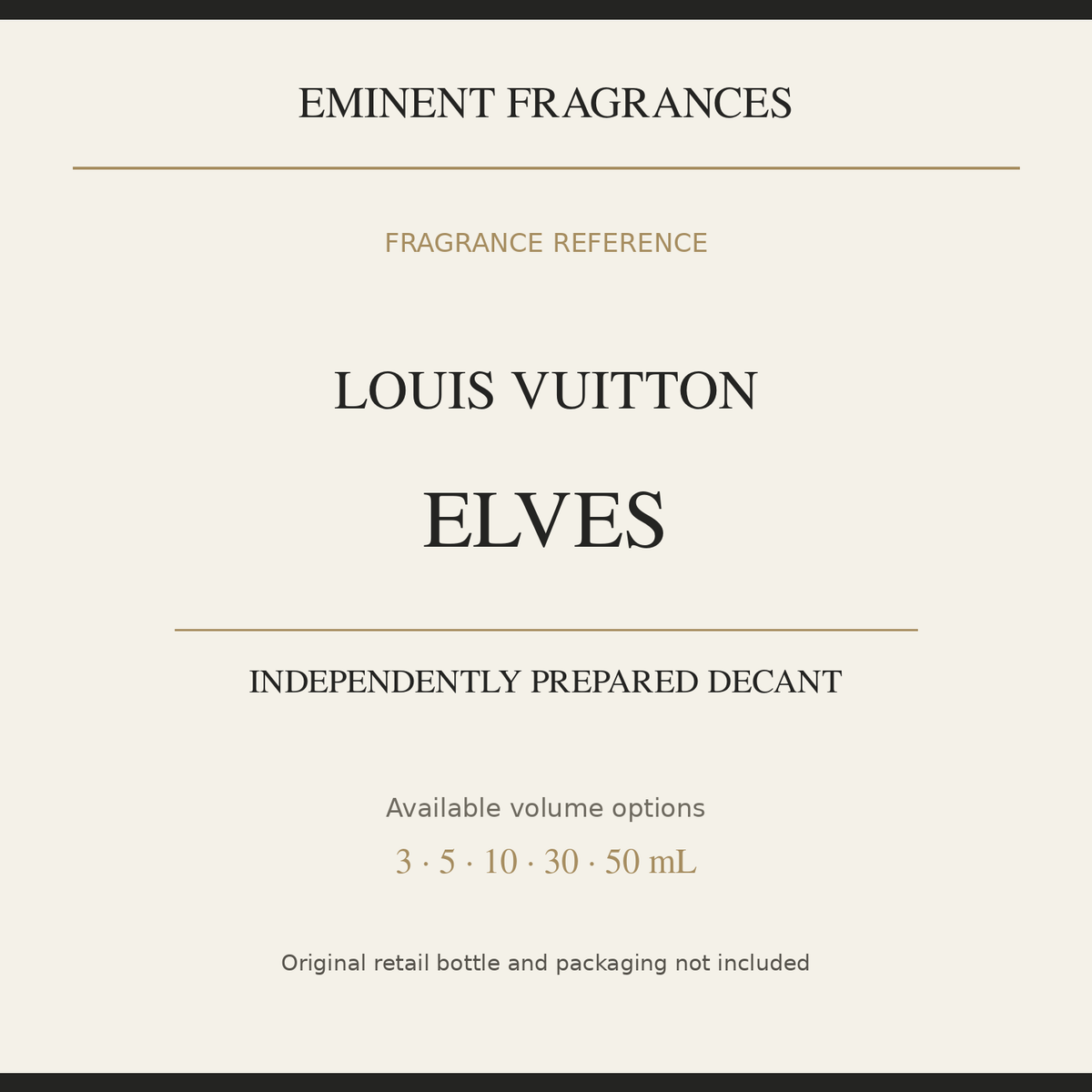 Louis Vuitton eLVes — independently prepared Eminent Fragrances decant. Original retail bottle not included.