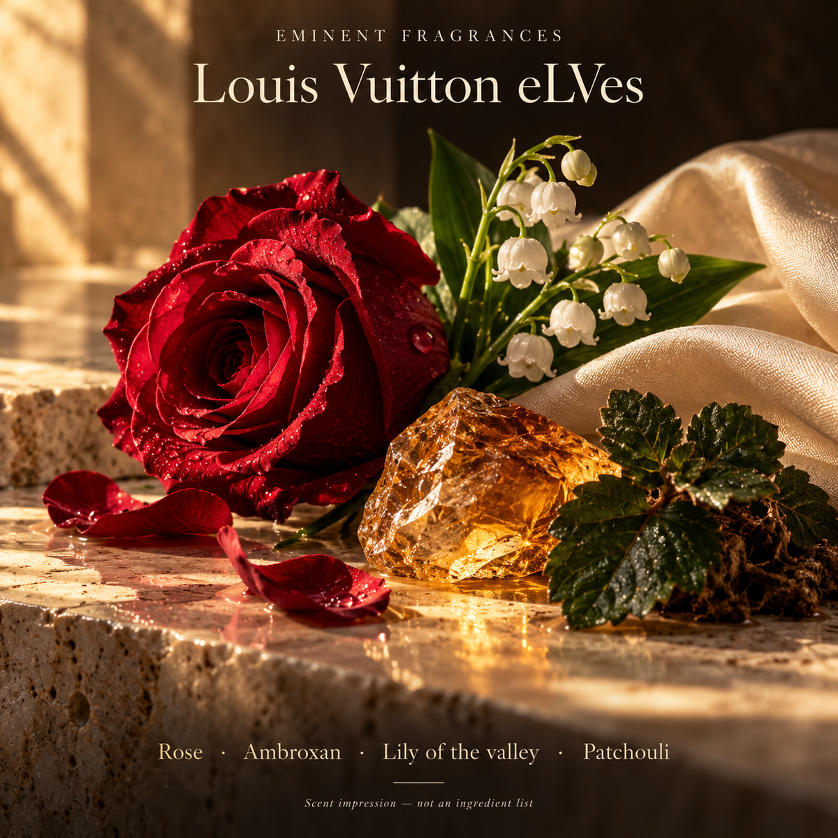 Louis Vuitton eLVes Decant scent-note artwork: Rose · Ambroxan · Lily of the valley · Patchouli. Artistic scent impression, not an ingredient list or items supplied.