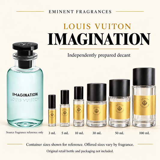 Louis Vuitton Imagination Decant source fragrance bottle beside Eminent Fragrances decant lineup. Independent decant; original retail bottle and packaging not included.