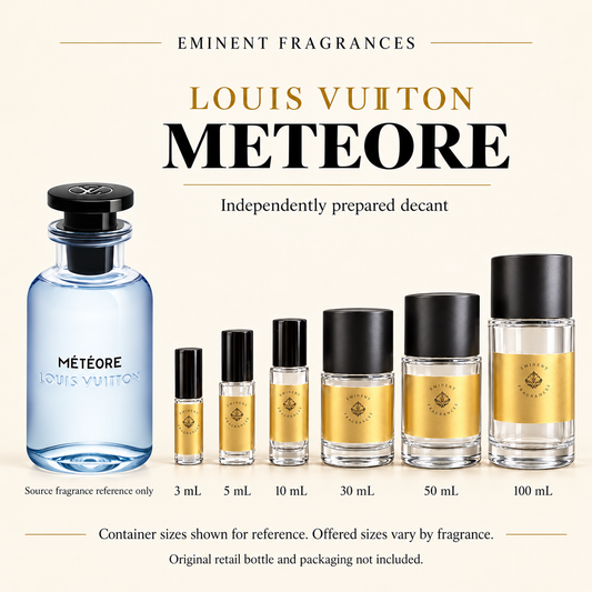 Louis Vuitton Meteore Decant source fragrance bottle beside Eminent Fragrances decant lineup. Independent decant; original retail bottle and packaging not included.