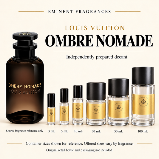Louis Vuitton Ombre Nomade Decant source fragrance bottle beside Eminent Fragrances decant lineup. Independent decant; original retail bottle and packaging not included.