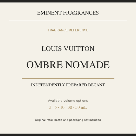Louis Vuitton Ombre Nomade — independently prepared Eminent Fragrances decant. Original retail bottle not included.