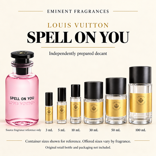 Louis Vuitton Spell On You Decant source fragrance bottle beside Eminent Fragrances decant lineup. Independent decant; original retail bottle and packaging not included.
