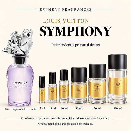 Louis Vuitton Symphony Decant source fragrance bottle beside Eminent Fragrances decant lineup. Independent decant; original retail bottle and packaging not included.