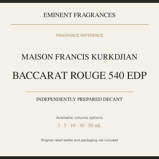 Maison Francis Kurkdjian Baccarat Rouge 540 EDP — independently prepared Eminent Fragrances decant. Original retail bottle not included.
