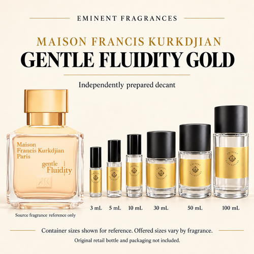 Maison Francis Kurkdjian Gentle Fluidity Gold Decant source fragrance bottle beside Eminent Fragrances decant lineup. Independent decant; original retail bottle and packaging not included.