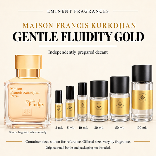 Maison Francis Kurkdjian Gentle Fluidity Gold Decant source fragrance bottle beside Eminent Fragrances decant lineup. Independent decant; original retail bottle and packaging not included.