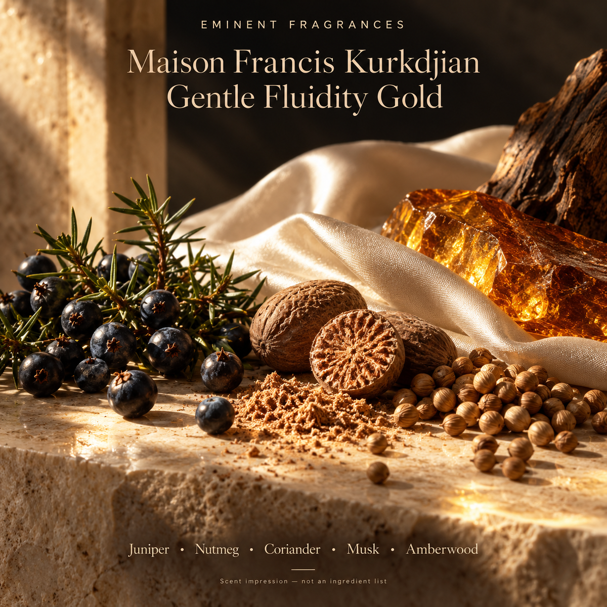 Maison Francis Kurkdjian Gentle Fluidity Gold Decant scent-note artwork: Juniper • Nutmeg • Coriander • Vanilla • Musk • Amberwood. Artistic scent impression, not an ingredient list or items supplied.