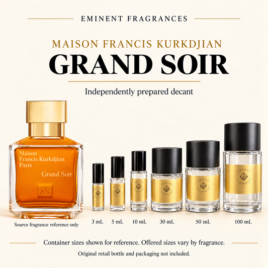 Maison Francis Kurkdjian Grand Soir Decant source fragrance bottle beside Eminent Fragrances decant lineup. Independent decant; original retail bottle and packaging not included.
