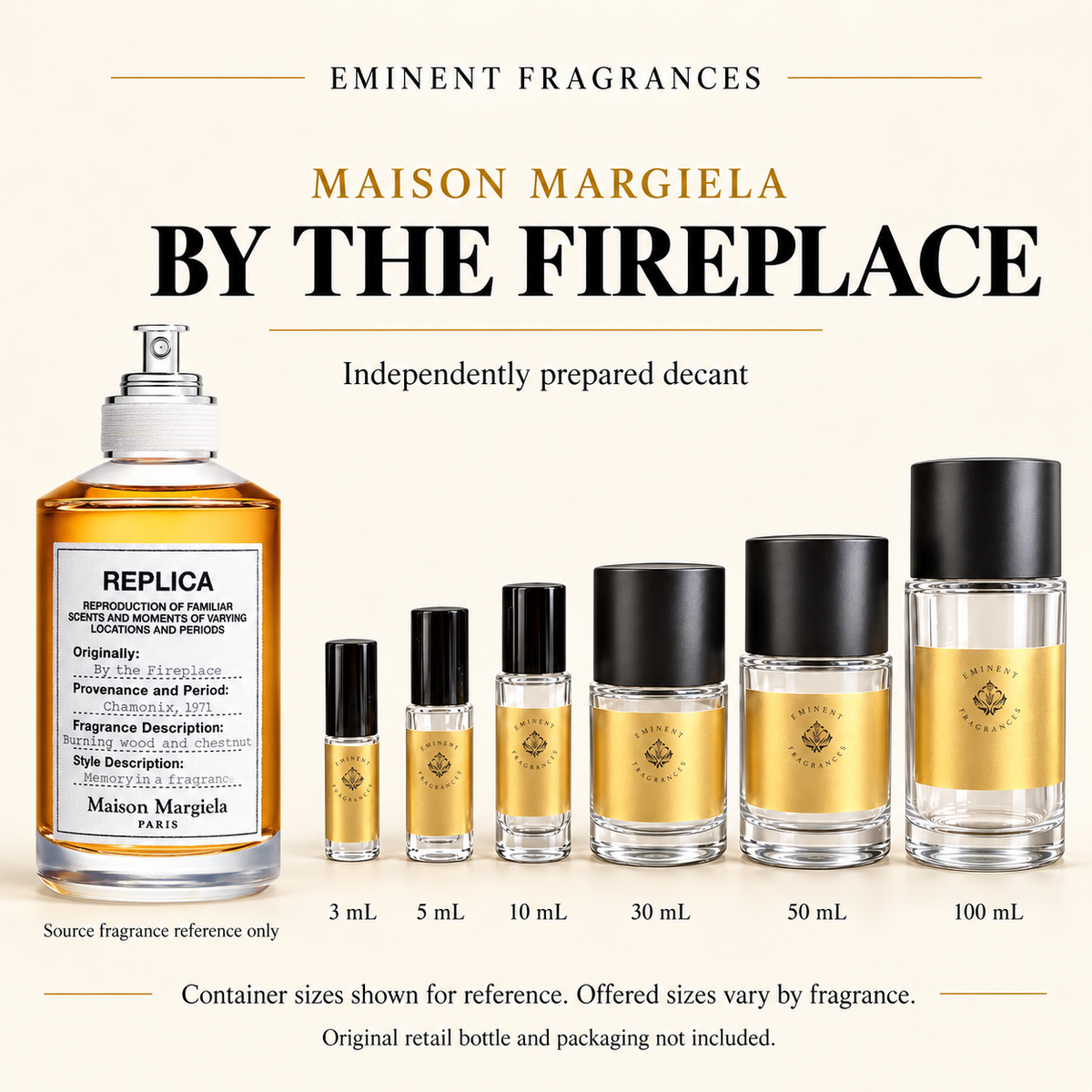 Maison Margiela By The Fireplace Decant source fragrance bottle beside Eminent Fragrances decant lineup. Independent decant; original retail bottle and packaging not included.