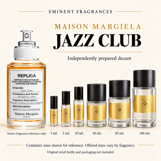 Maison Margiela Jazz Club Decant source fragrance bottle beside Eminent Fragrances decant lineup. Independent decant; original retail bottle and packaging not included.