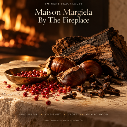 Maison Margiela By The Fireplace Decant scent-note artwork: Pink pepper • Orange blossom • Clove • Chestnut • Guaiac wood • Cade • Vanilla • Peru balsam • Cashmeran. Artistic scent impression, not an ingredient list or items supplied.