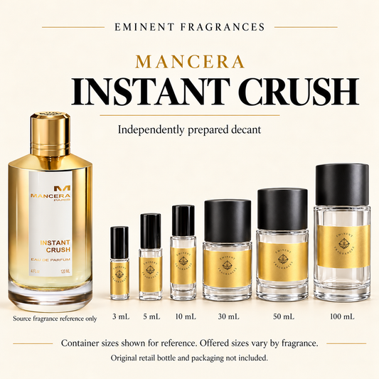 Mancera Instant Crush Decant source fragrance bottle beside Eminent Fragrances decant lineup. Independent decant; original retail bottle and packaging not included.