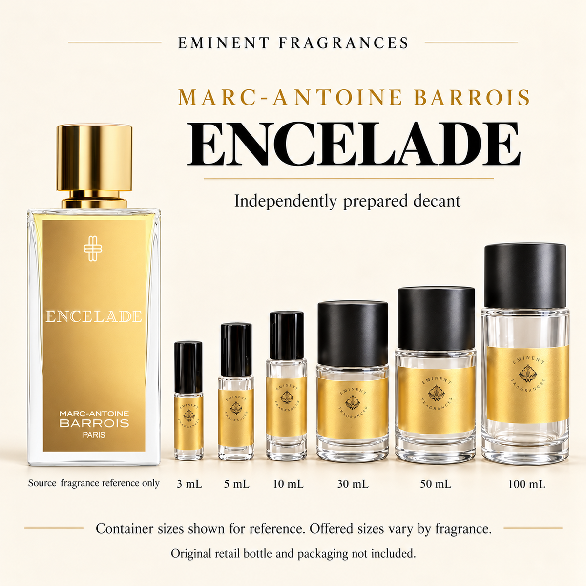Marc-Antoine Barrois Encelade Decant source fragrance bottle beside Eminent Fragrances decant lineup. Independent decant; original retail bottle and packaging not included.