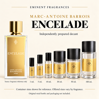 Marc-Antoine Barrois Encelade Decant source fragrance bottle beside Eminent Fragrances decant lineup. Independent decant; original retail bottle and packaging not included.