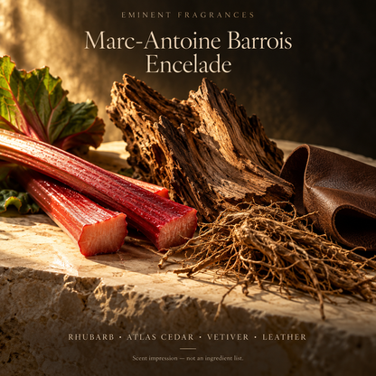 Marc-Antoine Barrois Encelade Decant scent-note artwork: Rhubarb · Atlas cedar · Vetiver · Leather · Tonka bean · Sandalwood. Artistic scent impression, not an ingredient list or items supplied.