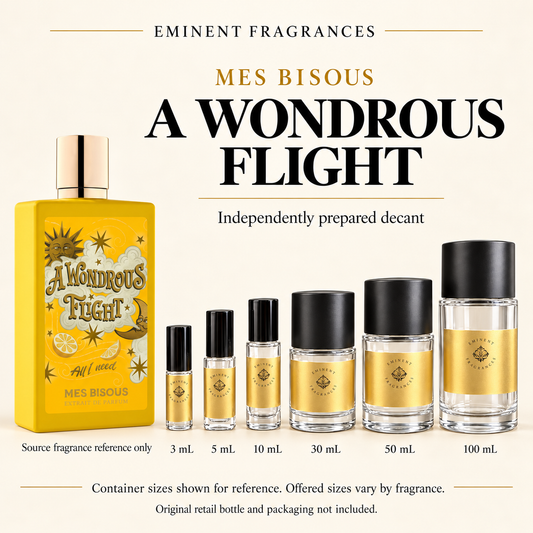 Mes Bisous A Wondrous Flight Decant source fragrance bottle beside Eminent Fragrances decant lineup. Independent decant; original retail bottle and packaging not included.