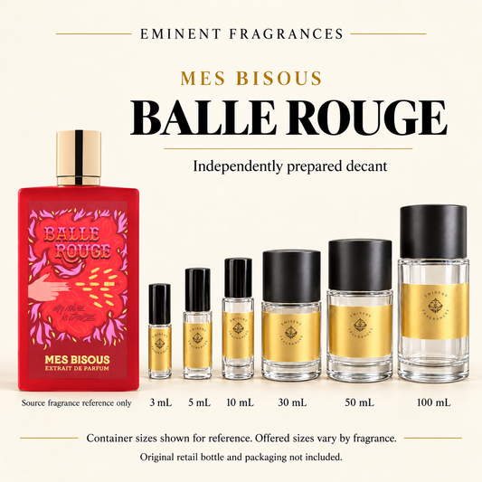 Mes Bisous Balle Rouge Decant source fragrance bottle beside Eminent Fragrances decant lineup. Independent decant; original retail bottle and packaging not included.
