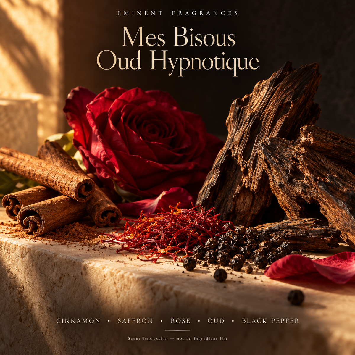 Mes Bisous Oud Hypnotique Decant scent-note artwork: Top notes: Cinnamon, Saffron, Black pepper | Heart notes: Rose, Grapefruit | Base notes: Oud, Patchouli, Vanilla. Artistic scent impression, not an ingredient list or items supplied.