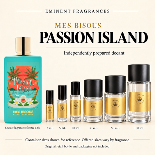 Mes Bisous Passion Island Decant source fragrance bottle beside Eminent Fragrances decant lineup. Independent decant; original retail bottle and packaging not included.