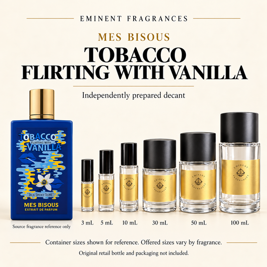 Mes Bisous Tobacco Flirting With Vanilla Decant source fragrance bottle beside Eminent Fragrances decant lineup. Independent decant; original retail bottle and packaging not included.