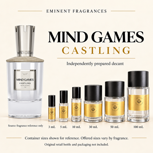 Mind Games Castling Decant source fragrance bottle beside Eminent Fragrances decant lineup. Independent decant; original retail bottle and packaging not included.