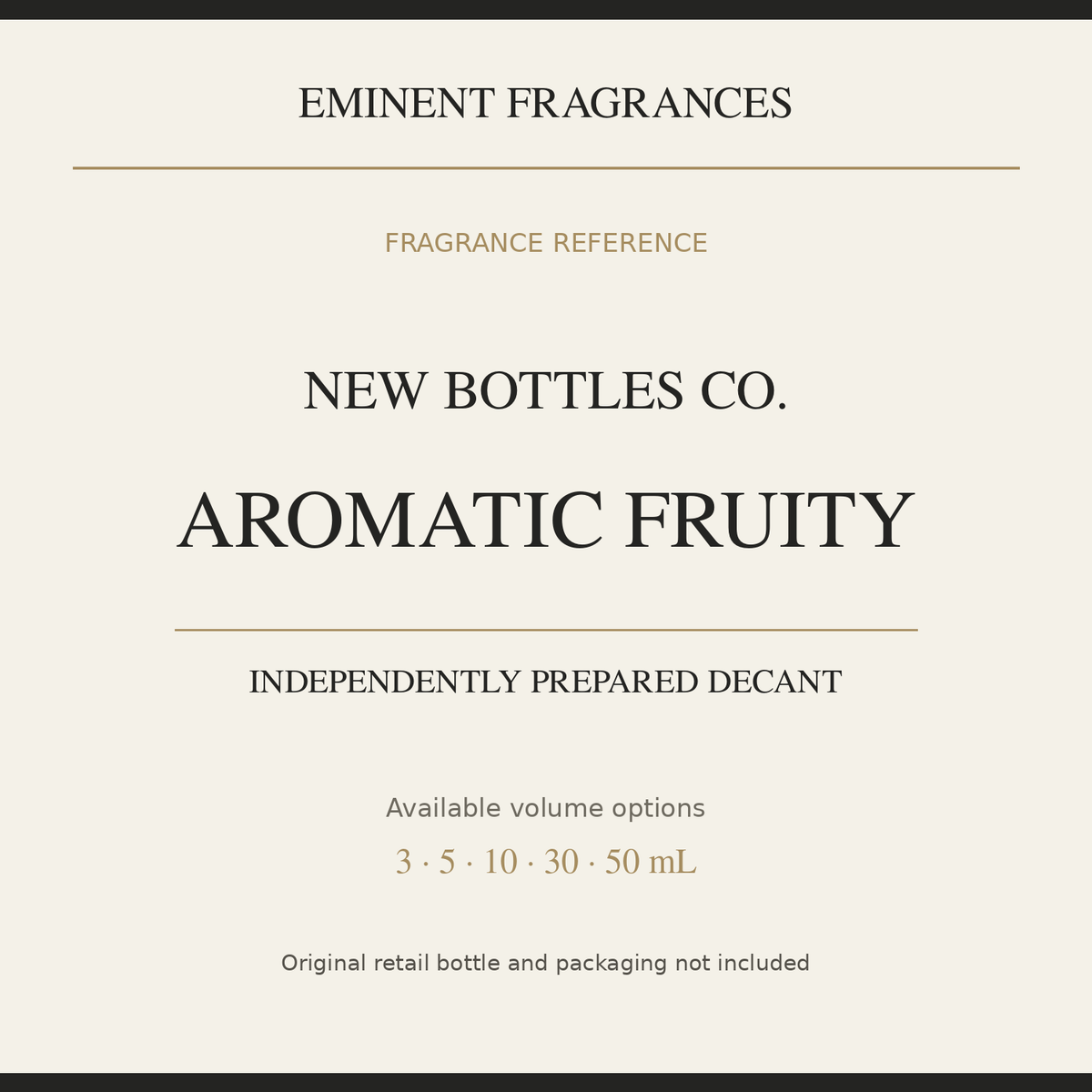 New Bottles Co. Aromatic Fruity — independently prepared Eminent Fragrances decant. Original retail bottle not included.