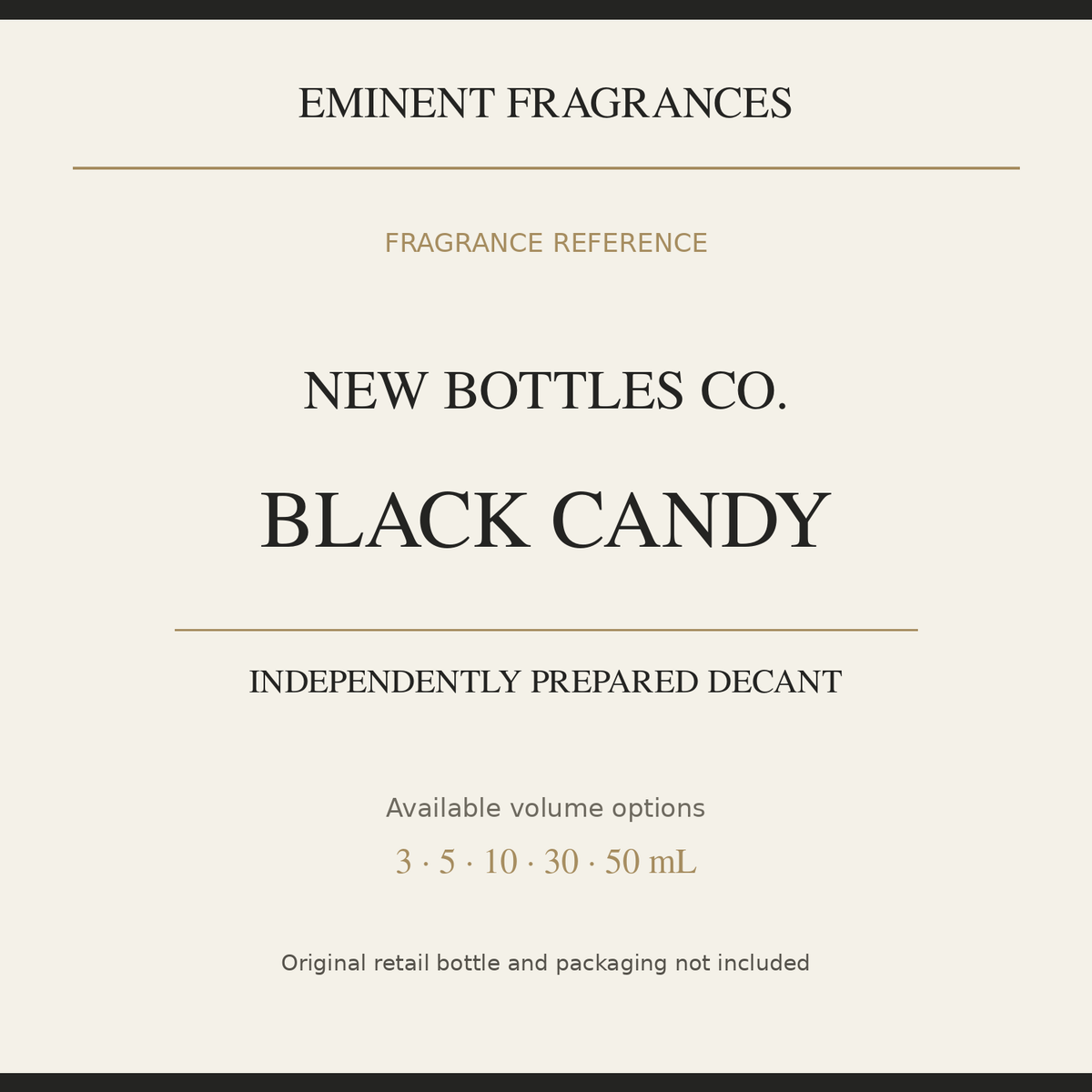 New Bottles Co. Black Candy — independently prepared Eminent Fragrances decant. Original retail bottle not included.