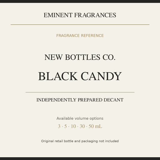 New Bottles Co. Black Candy — independently prepared Eminent Fragrances decant. Original retail bottle not included.