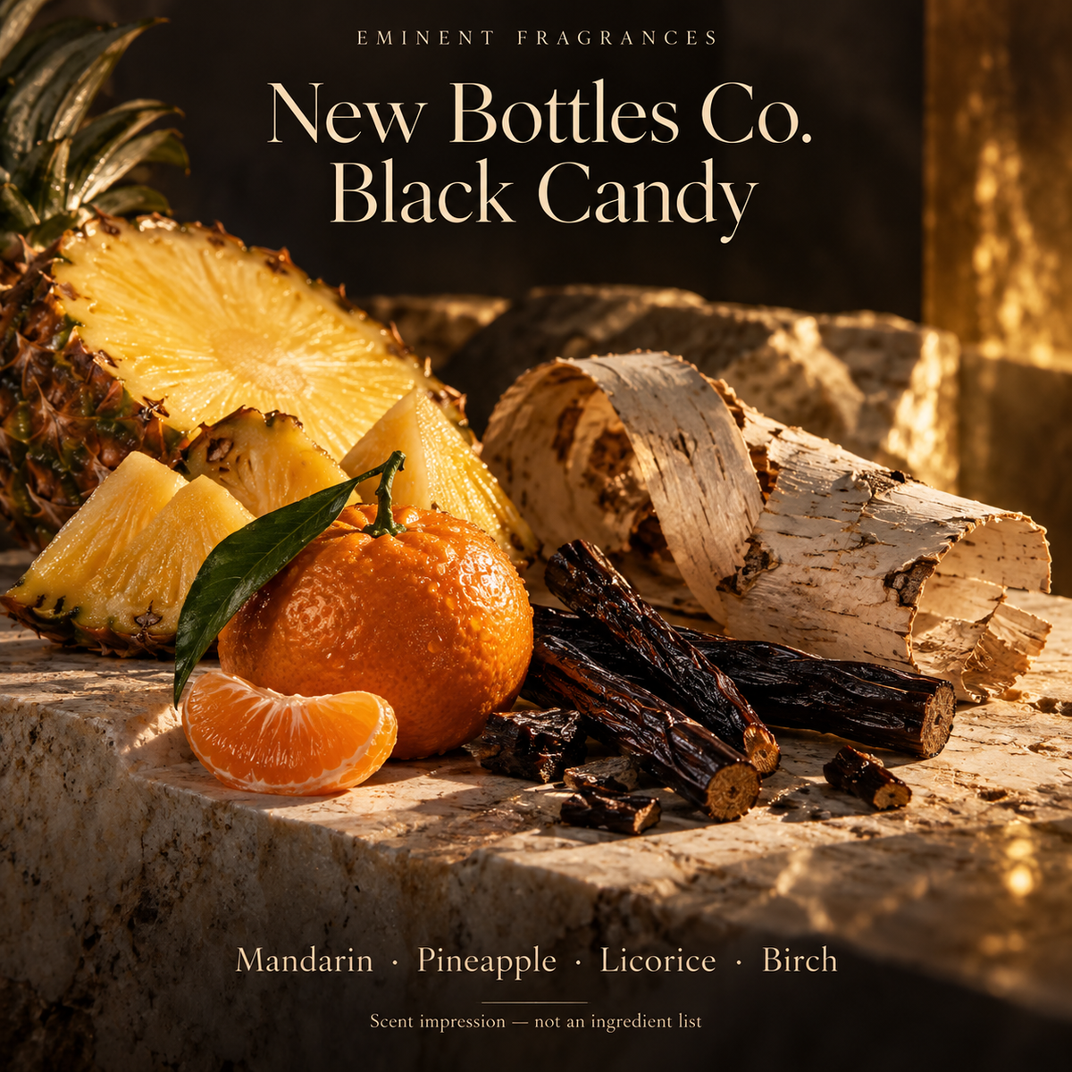 New Bottles Co. Black Candy Decant scent-note artwork: Mandarin · Pineapple · Licorice · Birch · Ambroxan. Artistic scent impression, not an ingredient list or items supplied.