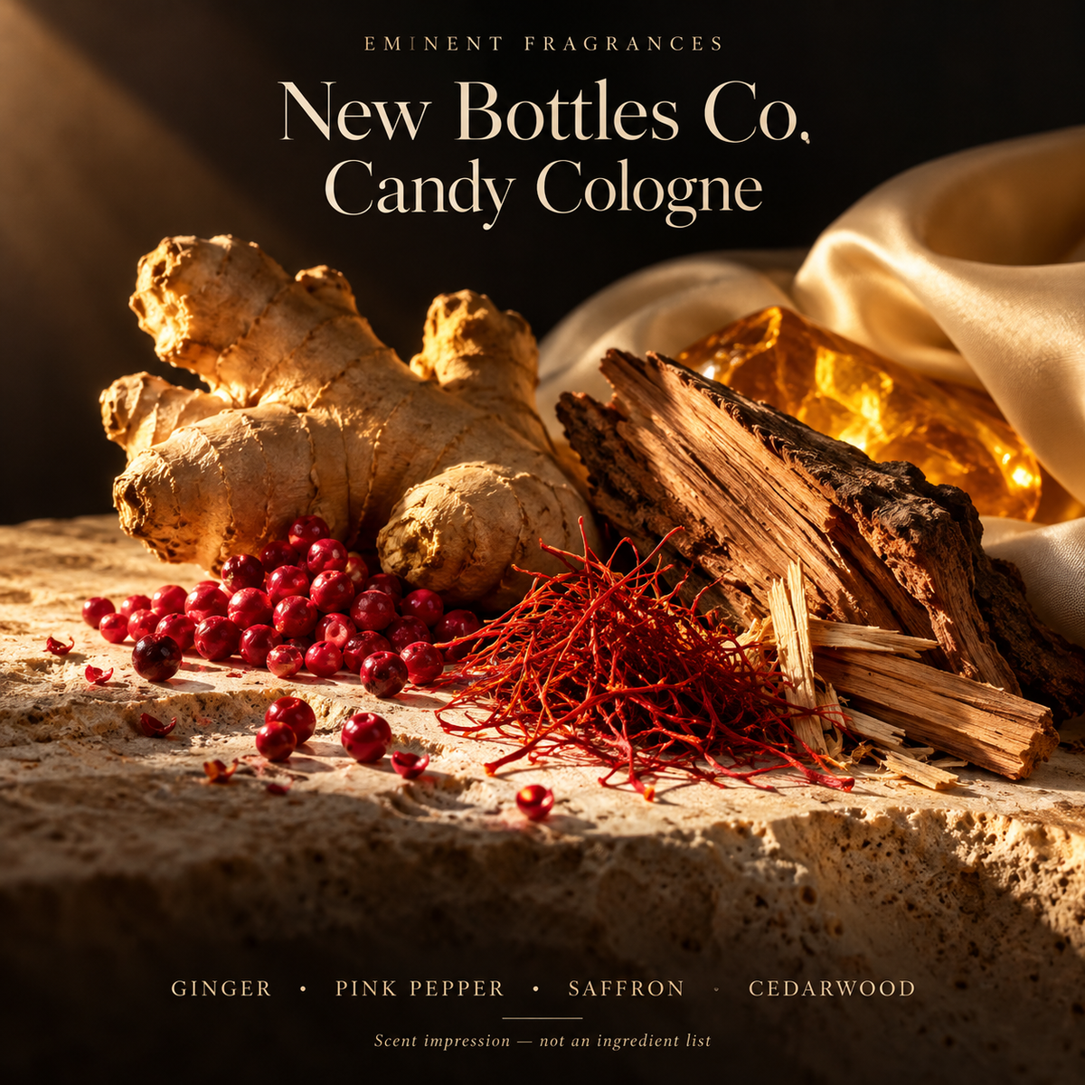 New Bottles Co. Candy Cologne Decant scent-note artwork: Top notes: Mandarin orange, Ginger, Pink pepper, Bitter almond, Saffron | Heart notes: Vetiver, Patchouli, Jasmine, Cedarwood | Base notes: Musk, Birch, Tonka bean, Ambergris, Styrax. Artistic scent impression, not an ingredient list or items supplied.