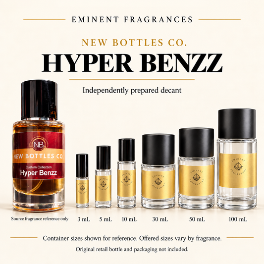 New Bottles Co. Hyper Benzz Decant source fragrance bottle beside Eminent Fragrances decant lineup. Independent decant; original retail bottle and packaging not included.