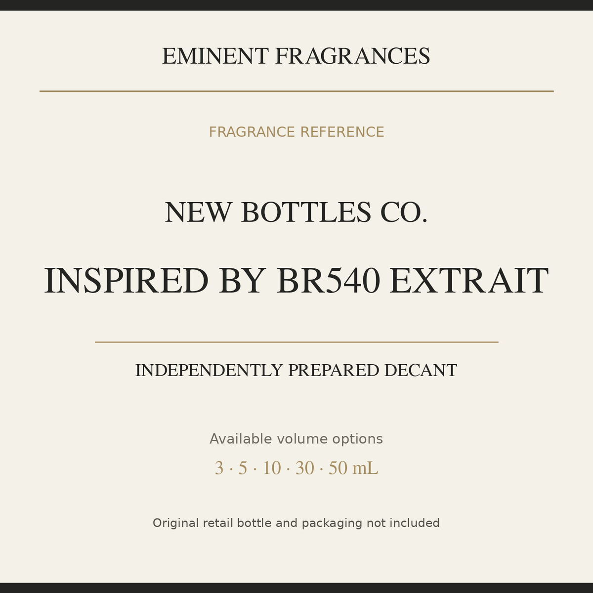 New Bottles Co. Inspired by BR540 Extrait Decant fragrance reference card. Independently prepared decant. Original retail bottle and packaging not included.